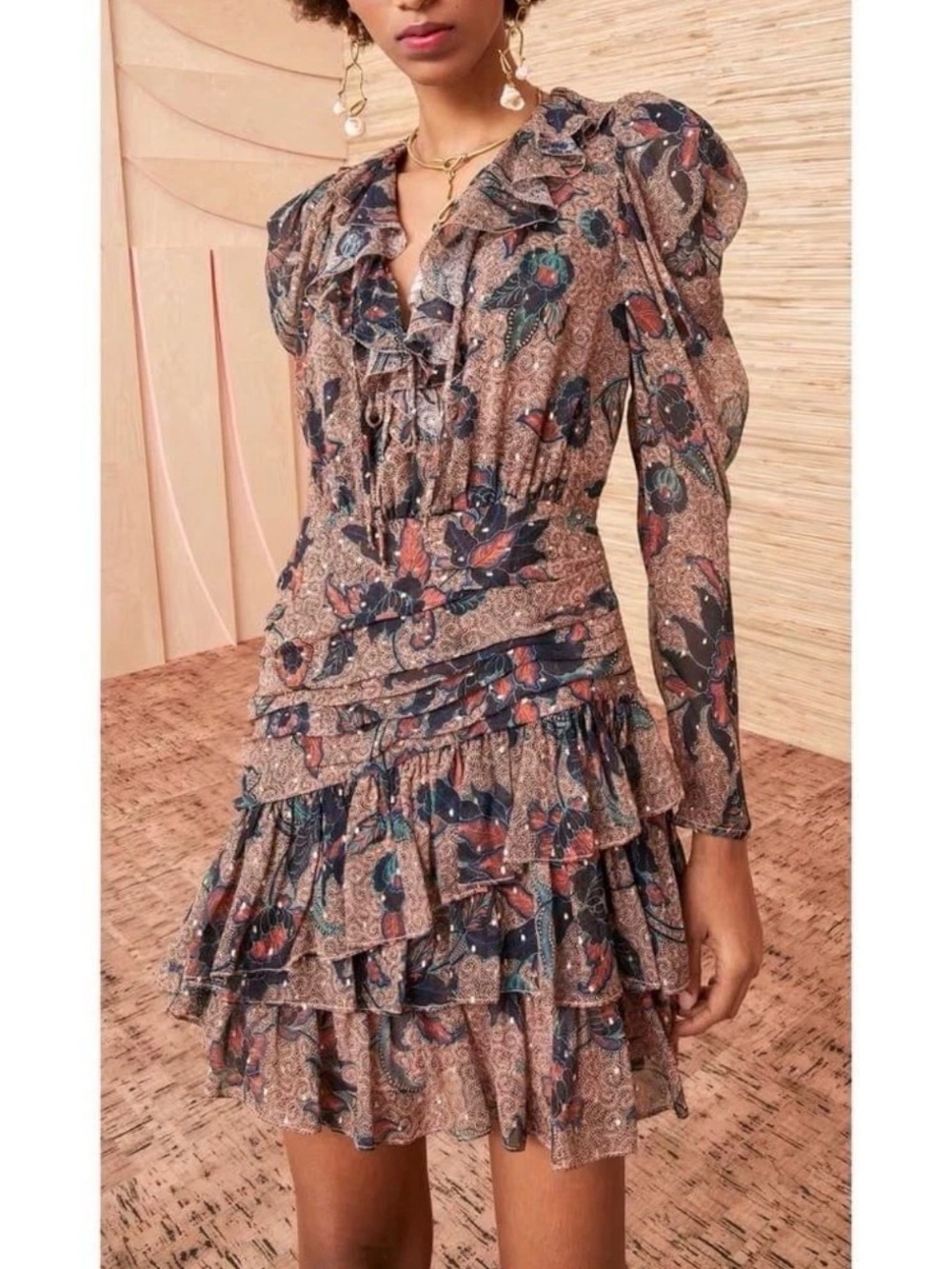 Ulla Johnson Mini Silk Long Sleeve Ruffle Cecily Dress